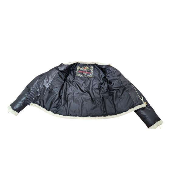 Y2k Twisted Heart Black White Trim Puffer Jacket Gold Button Zip Pockets - Picture 7 of 11